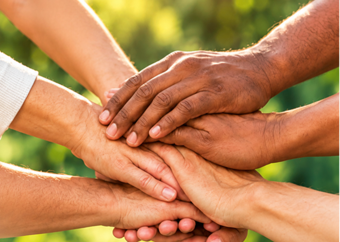 Diverse hands stacked together symbolizing teamwork and community unity
